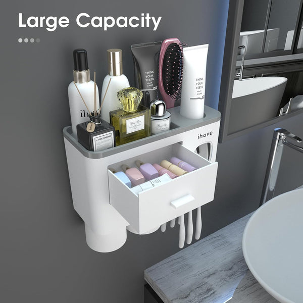 iHave Toothbrush Holders for Bathrooms, 2 Cups Toothbrush Holder Wall Mounted with Toothpaste Dispenser - Large Capacity Tray, Cosmetic Drawer -