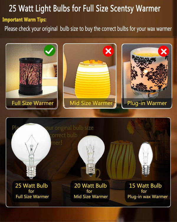 Snnalosses 25 Watt Wax Warmer Bulbs,Light Bulbs for Full Size Scentsy Warmer & Candle Wax Warmer,Long Life-Span and Melt Wax Fast Warming