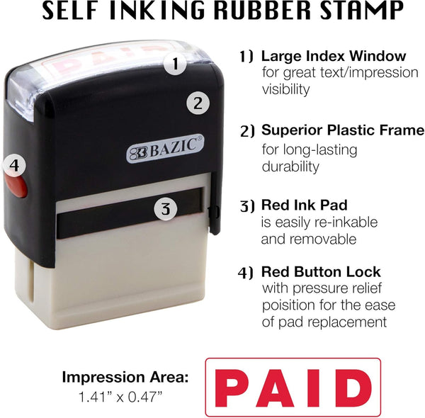 BAZIC Products Paid Self-Inking Rubber Stamp, Red Ink | removable, replaceable ink pad for marking invoices and receipts Paid (Red Ink) 1-Pack