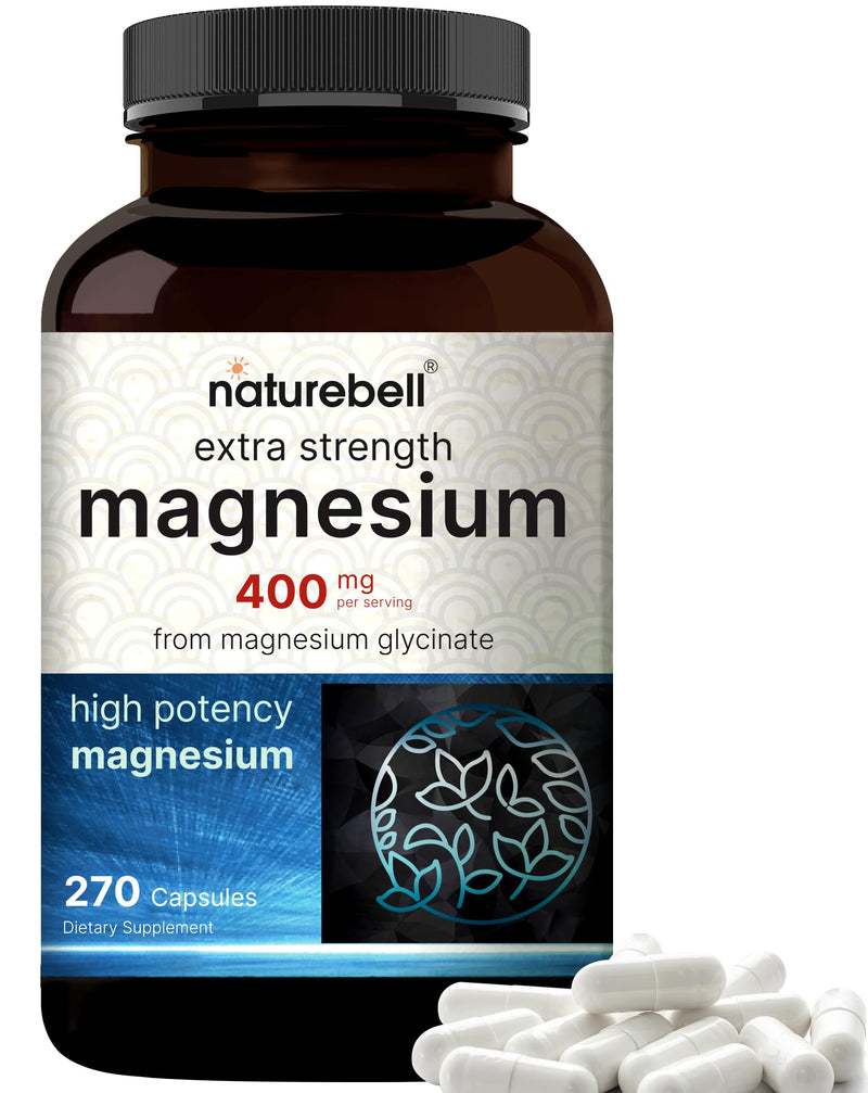 NatureBell Magnesium Glycinate 400mg Elemental, 270 Capsules | 100% Chelated for High Absorption | Supports Muscle, Bone & Heart Health | Non-GMO,