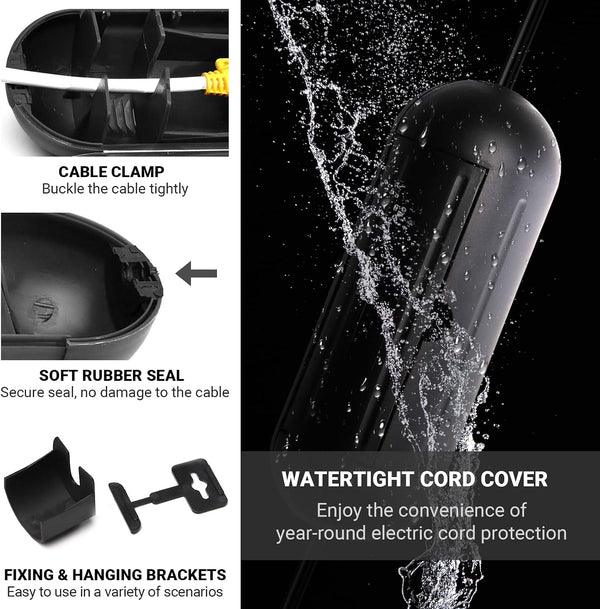 4 Pack Extension Cord Protective Cover Set (Black) | Indoor Outdoor Water-Resistant Holder for Holiday String Lights and Wires | Capsule Shaped