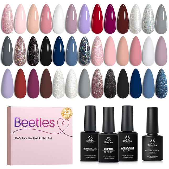 Beetles Gel Nail Polish Set, 23Pcs White Gray Black Glitter Gel Polish 0- Colors