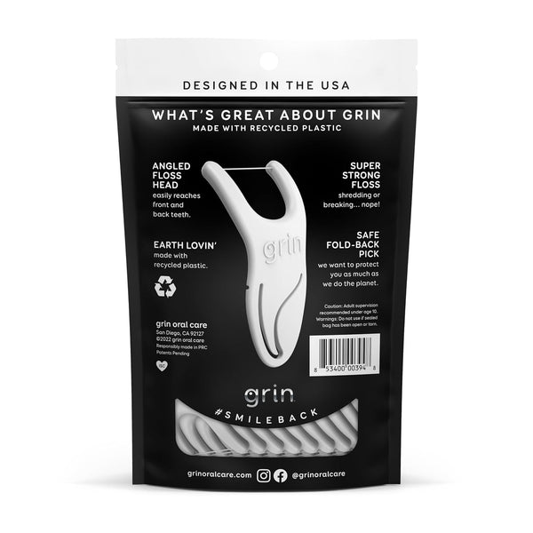 GRIN Molar Flosspyx, Floss Picks, 75 Count, Dental Flossers, Minty Flavor, Recycled Plastic, Great for Reaching Back Teeth, Slide Easily Between