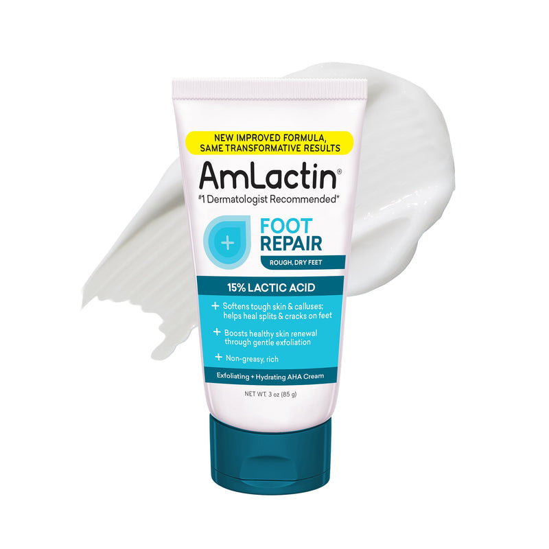 Amlactin Foot Repair Cream - 3 Oz Cream for Dry Cracked Heels with 15% Lactic Acid - Exfoliator and Moisturizer for Dry Skin (Packaging May Vary)