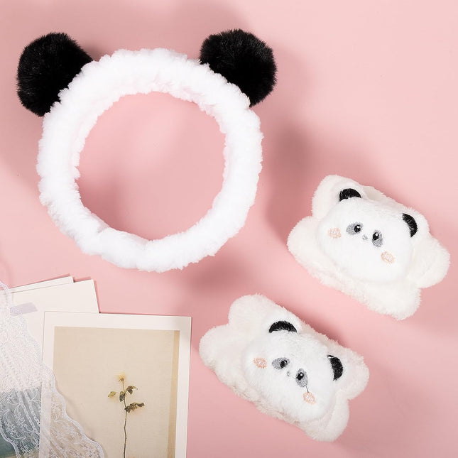Pom Pom Panda Ears Plush Wash Face Headband Spa Wrist Band Cuffs Hair Scrunchy W