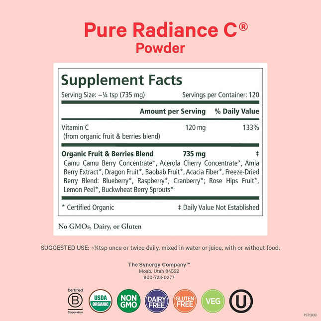 Pure Synergy Pure Radiance C | Organic Vitamin C Powder | 100% Natural, Whole Fo
