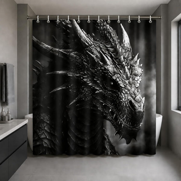 Dragon Shower Curtain for Bathroom, Black and White Boho Shower Curtain Set, Animal Fabric Modern Waterproof Bathroom Decor with 12 Hooks 72x72in