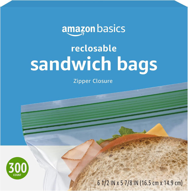 Amazon Basics Resealable Double Zipper Sandwich Storage Bags for Food Storage, 300 Count (Previously Solimo) 300 Count (Pack of 1)