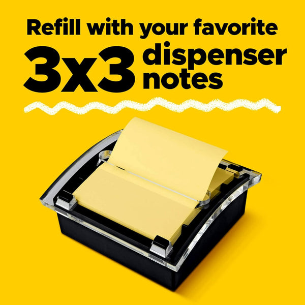 Post-It Pop-Up Notes Dispenser, Organizes Desk & Keeps Notes Nearby, Black Base, Clear Top, Includes 50 Sheets of 3 in X 3 in Canary Yellow Sheets