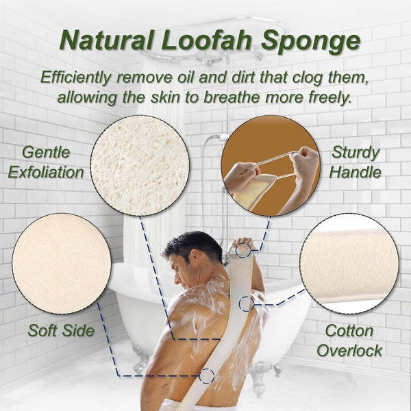 Natural Loofah Sponge, Exfoliating Body Scrubber for Men Women, Loofah with Handle, Exfoliating Back Scrubber for Shower Set, Deeply Clean &