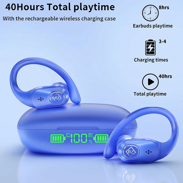 Wireless Earbuds Bluetooth Headphones 96H Playtime LED Display Waterproof Built in Mic Deep Bass Sound Secure Over Ear buds Earhooks for iPhone