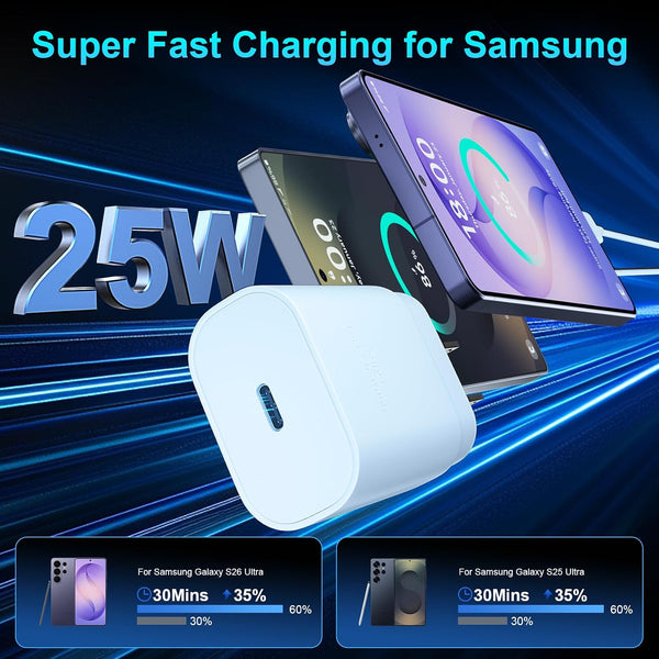Super Fast Charger Type C, 25W USB C Wall Charger Fast Charging 6.6FT Cable Blue 6.6FT
