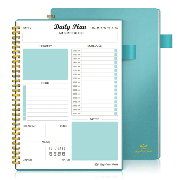 Daily Planner Undated, to Do List Notebook with Hourly Schedule Calendars Meal, Spiral Appointment Organizers Notebook for Man/Women, Pocket,Pen