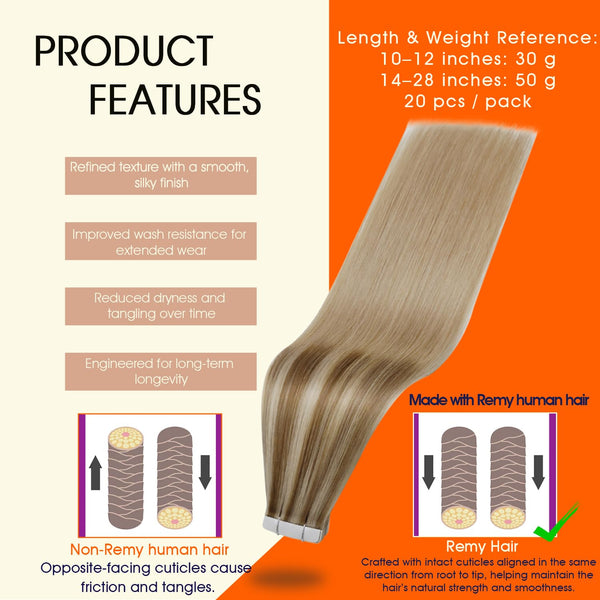 Full Shine Tape In Hair Extensions Human Hair, Golden Brown Blonde 14 Inch | 50G 20Pcs, Remy Hair Extensions Real Human Hair, Invisible Skin Weft,