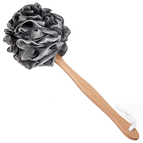 Shower Sponge Loofah Back Scrubber, Soft Mesh Body Scrubber with Wooden Handle, Bath Sponge for Women Kids (Black)