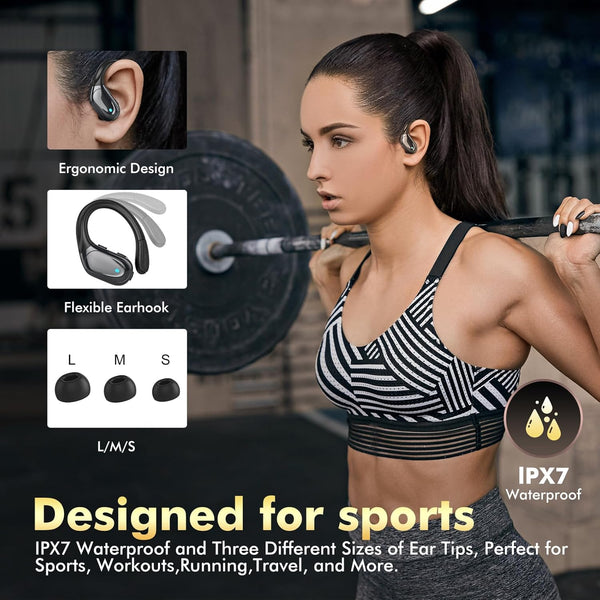 Catitru Wireless Earbuds Bluetooth Headphones 80H Playback Ear Buds Power Display with Noise Canceling Mic with Earhooks for Sports/Workout - Black