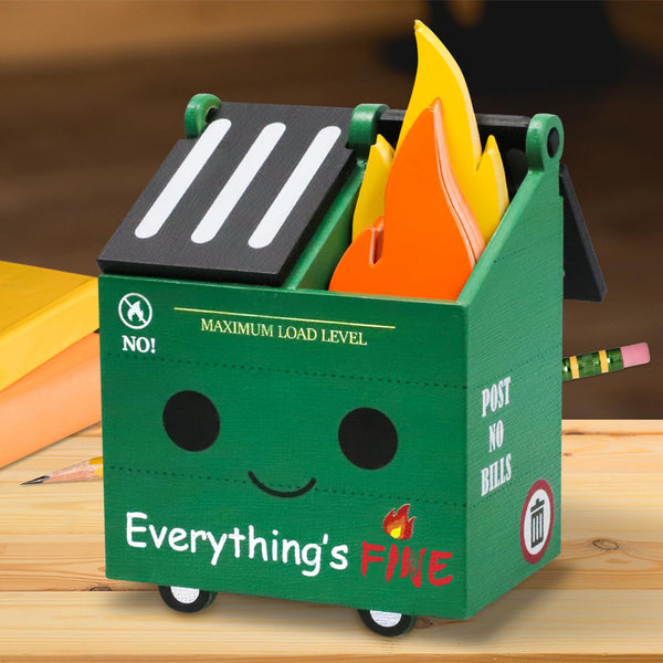 PUNICA Dumpster Fire Pencil Holder with 100 Pcs Flame Note Cards, Funny Office Desk Accessories Decor, Great Gifts for Coworkers Teacher - Green