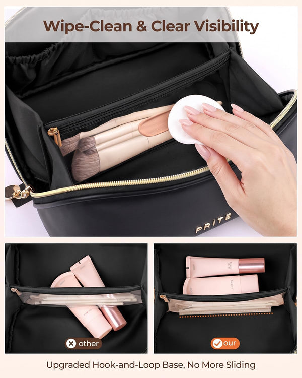 Prite Makeup Bag Travel Toiletry Bag Open Flat Cosmetic Organizer for Women Black Medium