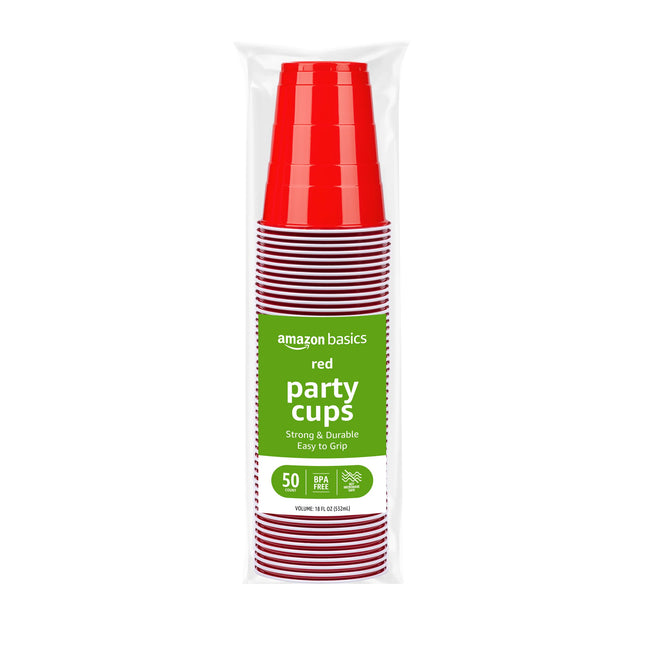 Amazon Basics Disposable Plastic Party Cups, Red, 18Oz, 50 Count