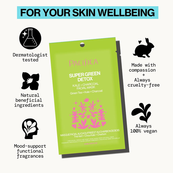 Pacifica Super Green Detox Sheet Mask Ã¢ÂÂ Charcoal, Kale & Clay Pore Cleansing Mask for Oily, Blemish-Prone Skin, Deep Detox Facial Mask, Vegan