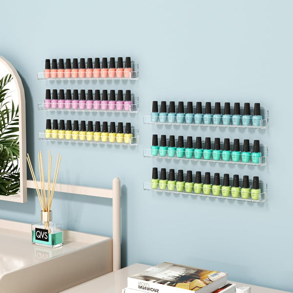 FEMELI Nail Polish Wall Rack: 6 Shelves 15 Inch Clear Acrylic Nail Polish Organizer for 66-90 Bottles Multi-Purpose Acrylic Floating Shelves (15