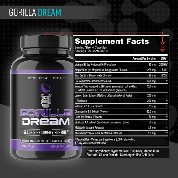 Gorilla Mind Dream Sleep Supplement (120 Capsules) - Nootropic Infused Comprehensive Sleep & Recovery Supplement - GABA, Melatonin, Valerian Root,