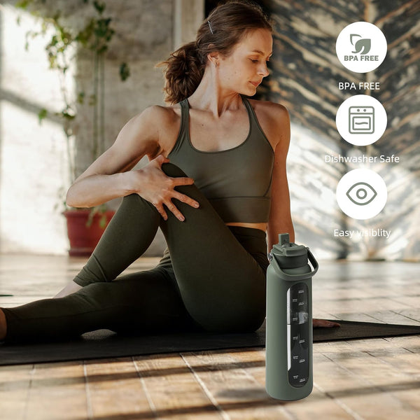 32 Oz Glass Water Bottle with 2 Lids-Handle Straw Lid & Bamboo Lid,1 Liter Motivataional Tumbler Water Bottle Time Marker, Borosilicate Glass