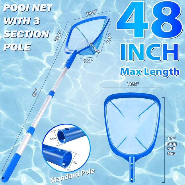 Pool Skimmer - Pool Net with 3 Section Pole, 48 Inch Pool Skimmer Net with Pole 