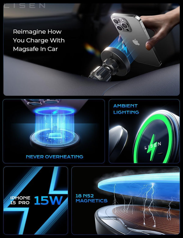 LISEN 15W MagSafe Car Mount Charger, Magnetic Phone Holders for Your Car Black Gray 1 Count