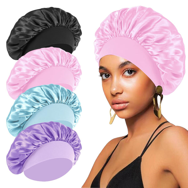 4PCS Satin Hair Bonnet for Sleeping,Bonnets for Black Women Men,Silk Bonnet for Sleeping,Hair Wrap Cap for Curly Hair,Elastic Wide Band Hair