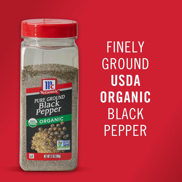 McCormick Black Pepper, Pure Ground, Organic, Non GMO, Enjoy Distinctive Pepper Flavor While Cooking & Tableside, 12 oz 12 Ounce (Pack of 1)