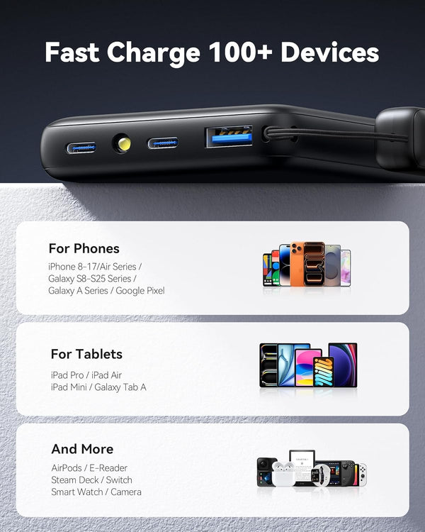 INIU 45W Fast Charging Portable Charger, 40% Smaller 10000mAh with Detachable Cable, Flight-Safe Travel Power Bank, USB C External Phone Battery