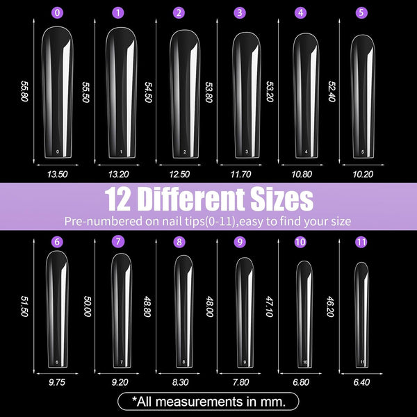Nail Tips Square 3XL Extra Long Tips, 240Pcs Soft Gel Nail Tips Fake Nails, 12 Sizes Acrylic Clear False Full Cover Press on Extension No Trace