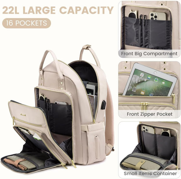 LOVEVOOK Laptop Backpack Women Teacher Backpack,15.6 Inch Laptop Bag with USB Port,Waterproof Daypack for Work Travel Antiquewhite