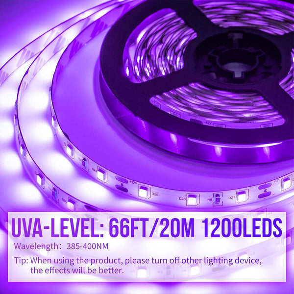 66ft/20M LED Black Light Strip Kit, 1200 Units Lamp Beads, 385nm-400nm, 12V Flexible Blacklight Fixtures, 20M LED Ribbon, Non-Waterproof for