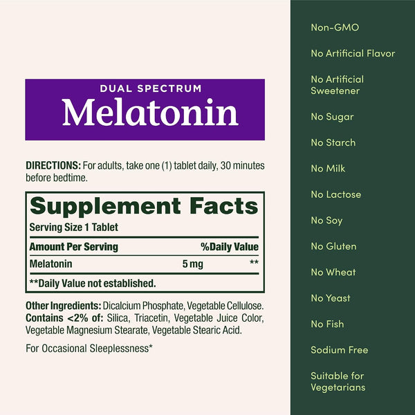 Nature’s Bounty Melatonin 5mg Dual Spectrum, 100% Drug Free Sleep Supplement, Quick Release and Extended Release, Promotes Relaxation and Sleep
