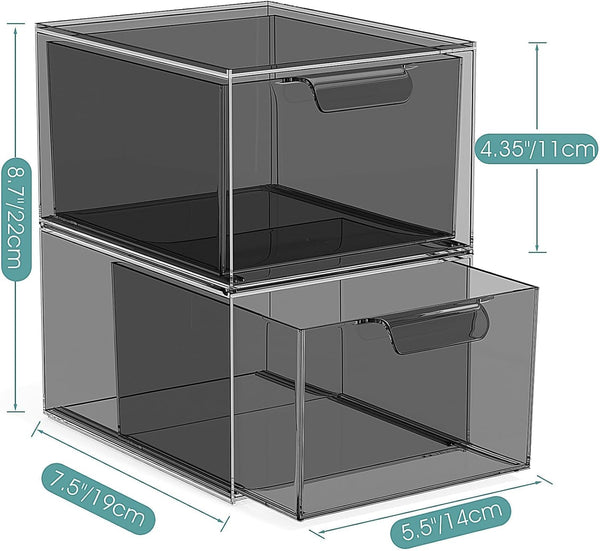 SpaceHacks 2 Pack Stackable Makeup Organizer and Storage, Acrylic Organizers，Clear Plastic Storage Drawer with Pull-Out Handles for Vanity,