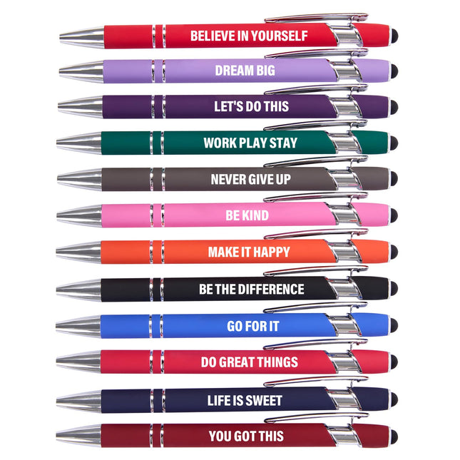 Funny Pens - 12 Pack Fine Point Smooth Writing Pens with Inspirational Tips, Bla