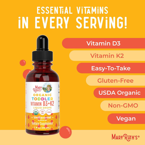 Maryruth Organics Vitamin D3 | Vitamin K2 | Vitamin D3 K2 Drops | K2 D3 Vitamin Liquid Supplement for Toddlers | Kids Supplement for Calcium
