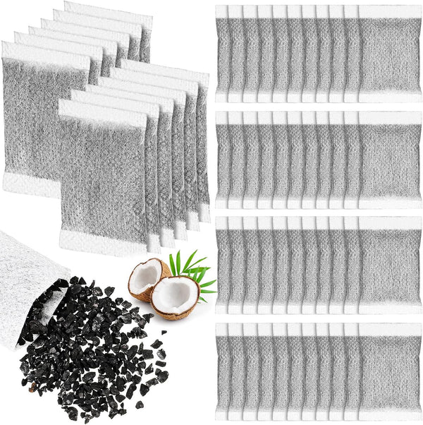 Lounsweer 100 Pcs Activated Charcoal Water Filter Coconut Shell Distiller Filters Activated Charcoal Sachets for Most Replacement Countertop Water