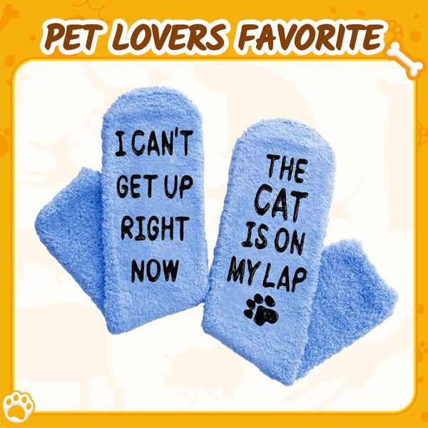HAPPYPOP Cat Lover Gifts - Funny Fuzzy Novelty Socks for Cat Mom Dad Lovers Women Men Cat on Lap Blue