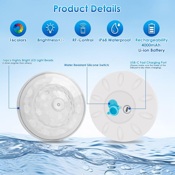 Floating Pool Lights with 6 Dynamic Lighting Effects, IP68 Waterproof, Rechargeable RGB Upper and Lower Color Changing for Inground Pools - 6 Pack