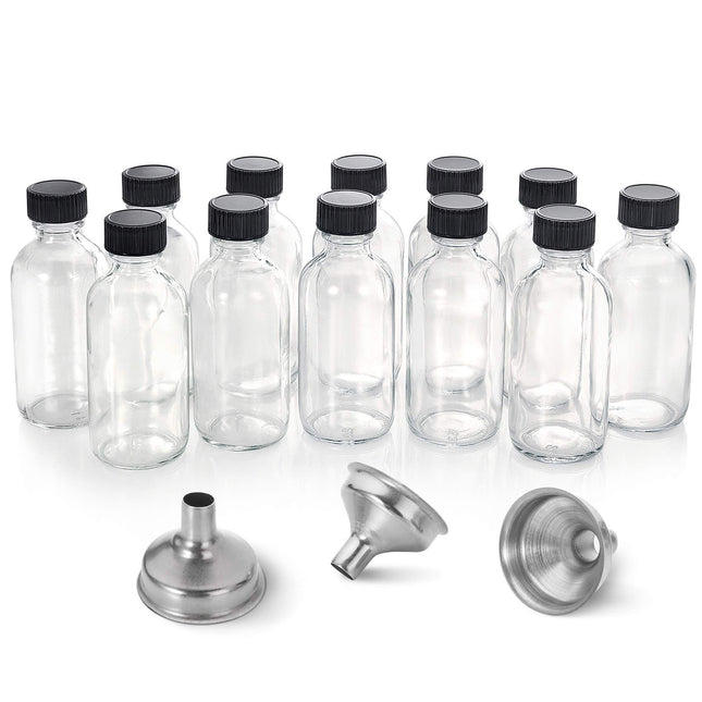 AOZITA 12 Pack, 2 Oz Small Clear Glass Bottles W/Lid & 3 Funnels - 60Ml Boston Shot Bottles for Health, Immunity, Potion