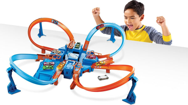 Hot Wheels Track Set with 1:64 Scale Toy Car, 4 Intersections for Crashing, Powered by a Motorized Booster, Criss-Cross Crash Track (Amazon