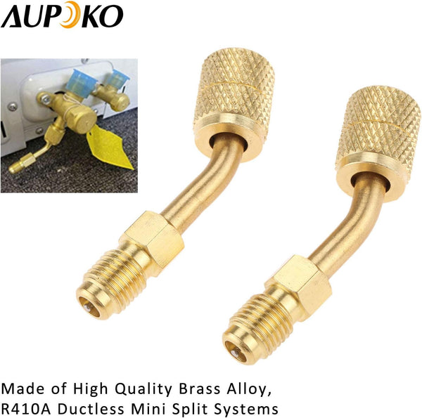 R410A Adapter 5/16" SAE Female Quick Couplers to 1/4" SAE Male Flare, 2 PC 45 Degree Angled Charging Vacuum Adapter, Used for R410a with Thimble