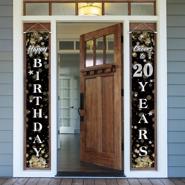 Happy 20th Birthday Decorations,20th Black & Silver Dream Star Birthday Theme Door Hanging Banner Sign,Cheers to Twenty Years Old Bday Party Supplies.