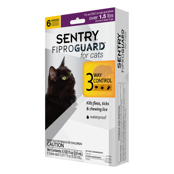 Sentry Fiproguard Flea & Tick Cats 1.5 lbs+, Fipronil, 6-Month | Ideal for Cats & Kittens 1.5 lbs+; Kills Fleas, Ticks & Chewing Lice for 30 Days;