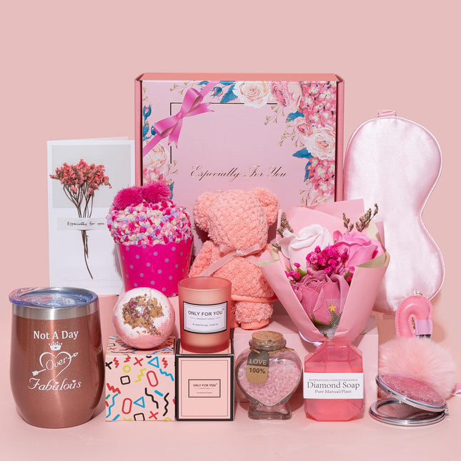 Birthday Gift Basket for Women - Unique Pink Box for Her Relaxing Self Care Set 
