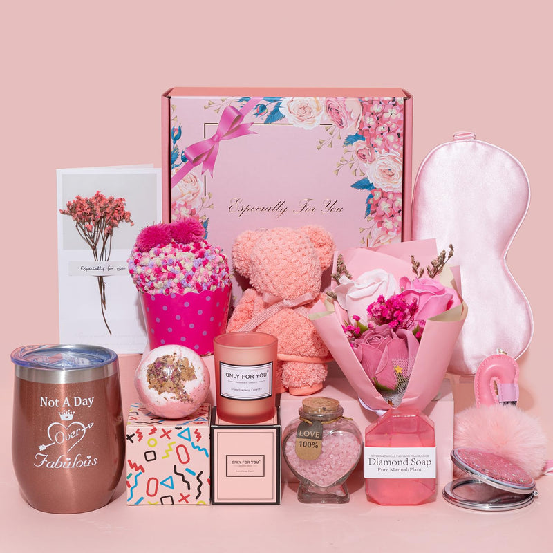 Birthday Gift Basket for Women - Unique Pink Box for Her Relaxing Self Care Set - Presents for Female Friends, Bestie, Girlfriend