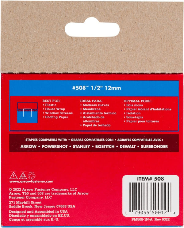 Arrow 508 Heavy Duty T50 1/2-Inch Leg Length, 3/8-Inch Crown, Staples for Upholstery, Construction, Furniture, Crafts, 1250 Count(Pack of 1) |